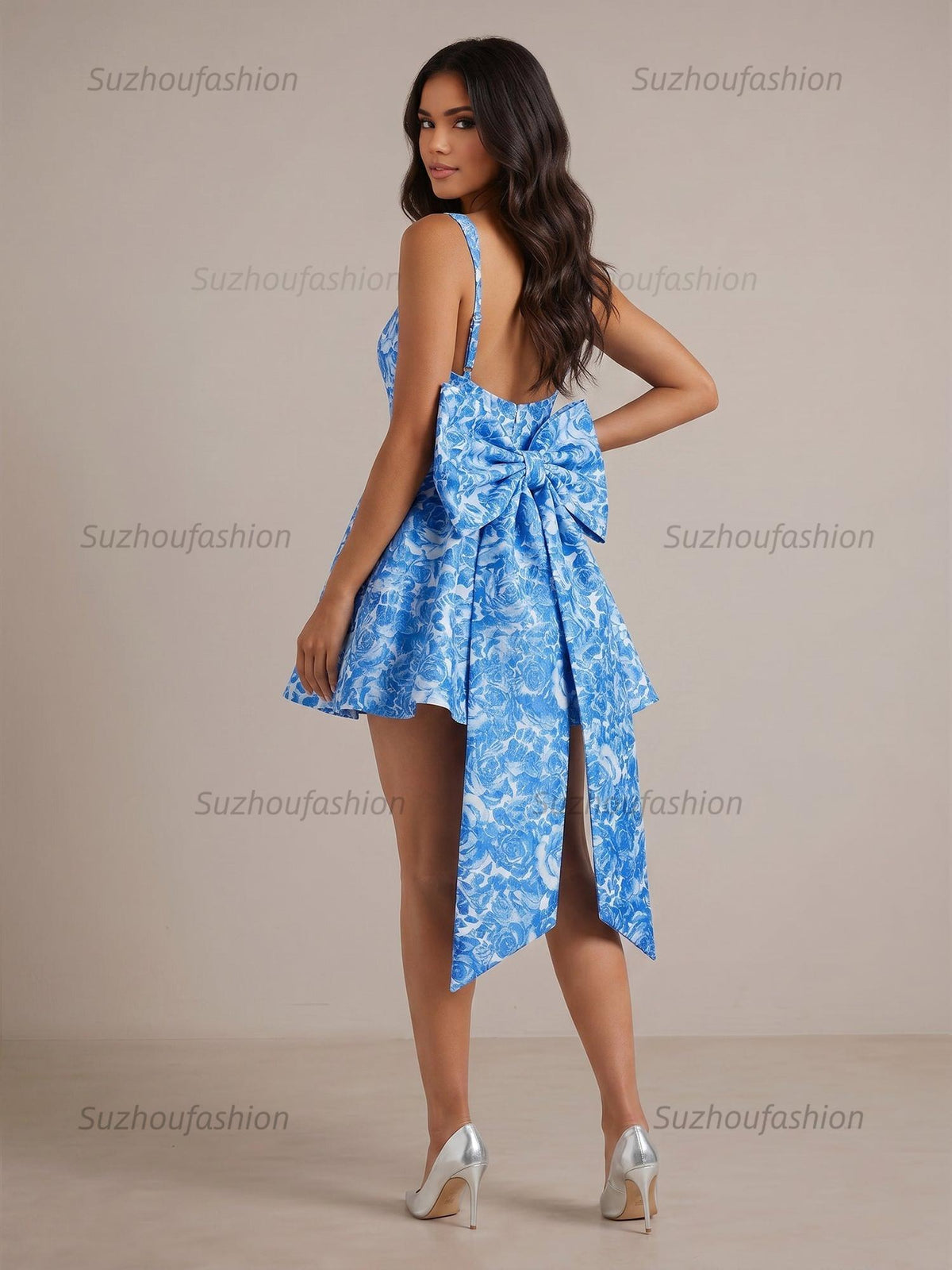 Suzhoufashion Mediterranean Blue Toile Square Neck Homecoming Mini Dress with Trailing Bow