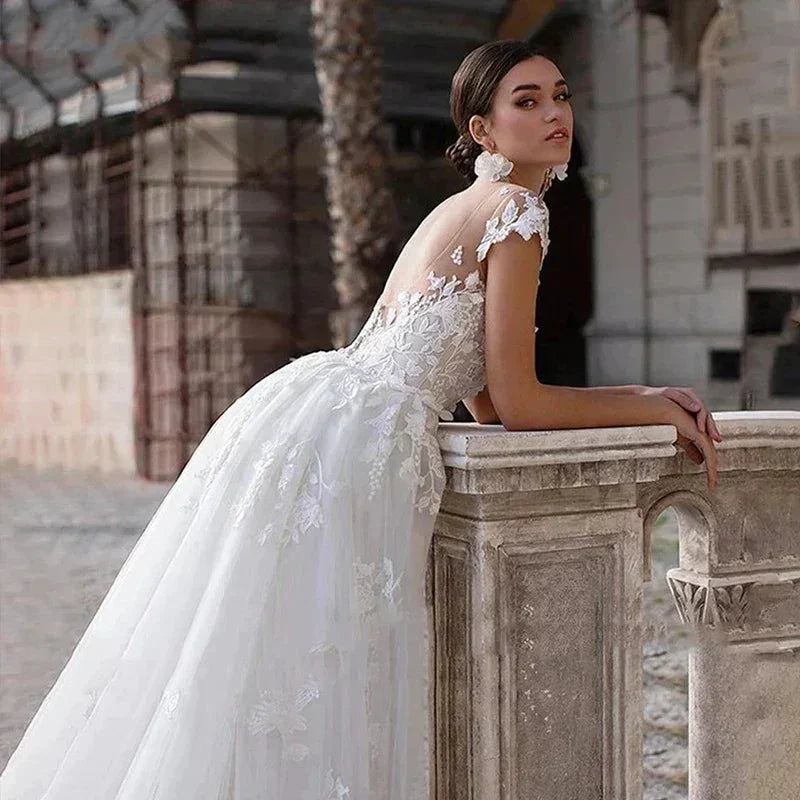 Mermaid 2 In 1 Wedding Dress Tulle Scoop Cap Sleeves Backless Lace Appliques Bridal Gowns With Detachable Train (ZD13535)