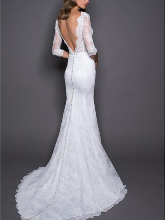 Mermaid Beach Wedding Dress V-Neck Lace Satin 3/4 Length Sleeves Plus Size Bridal Gowns with Sweep Train