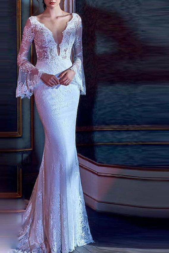 Mermaid Beach Wedding Dress V-Neck Lace Tulle Long Sleeve Bridal Gowns Court Train