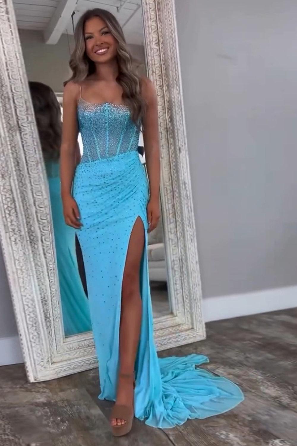 Mermaid Black Prom Dress Spaghetti Straps Corset Long Formal Dress With Slit