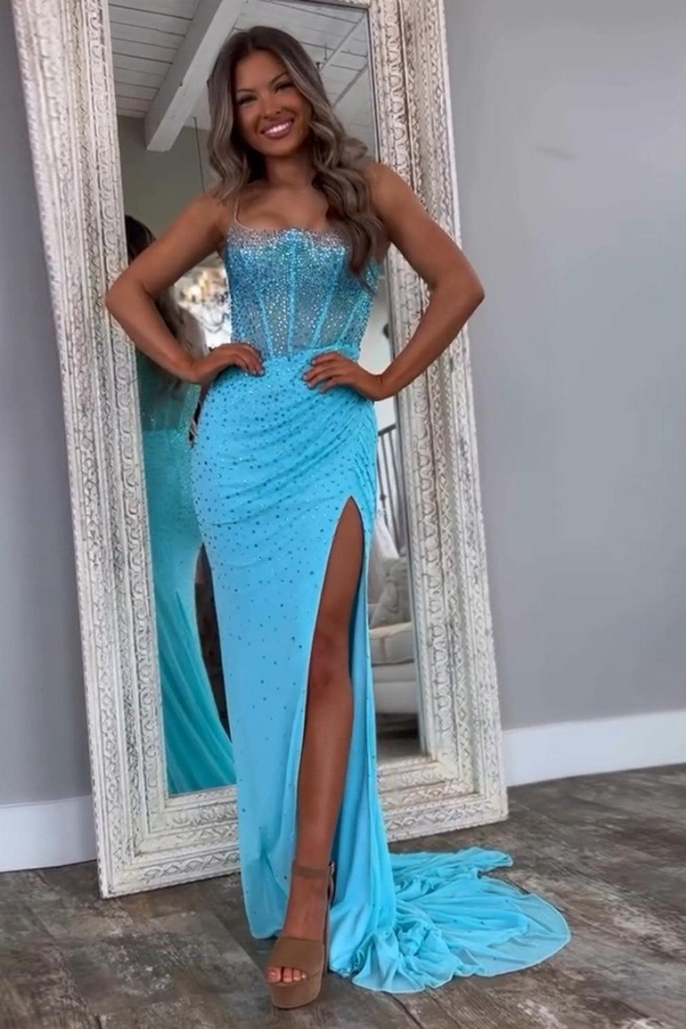Mermaid Black Prom Dress Spaghetti Straps Corset Long Formal Dress With Slit