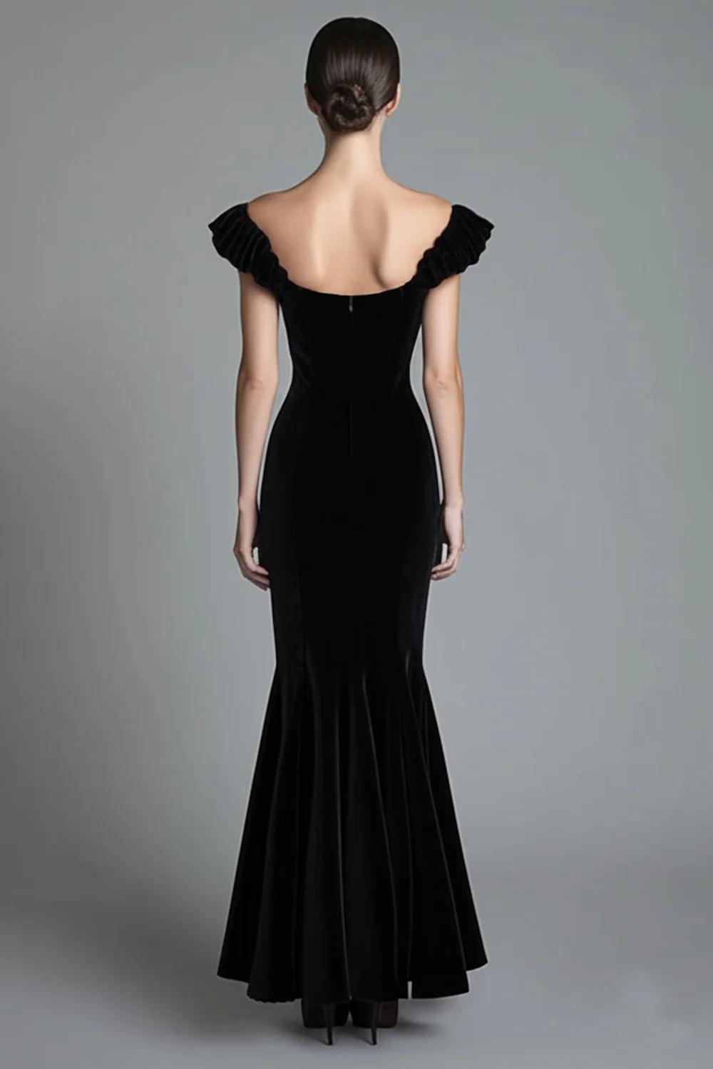 Mermaid Black Wedding Guest Dress Velvet Off The Shoulder Long Formal Dress
