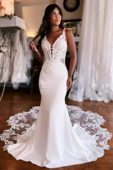 Mermaid Fabulous Floor-Length Stain V-Neck Sleeveless Lace Wedding Dresses with Appliques (ZD15756) - VelvetHem
