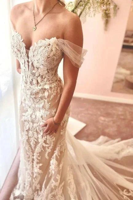 Mermaid Fabulous Tulle Sweetheart Off-The-Shoulder Floor-Length Wedding Dresses with Appliques (ZD15751) - VelvetHem