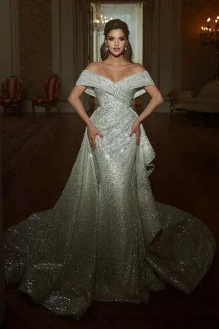Mermaid Floor-Length Off-The-Shoulder V-Neck Sleeveless A-Line Sequins Wedding Dresses with Ruffles (ZD16491) - VelvetHem