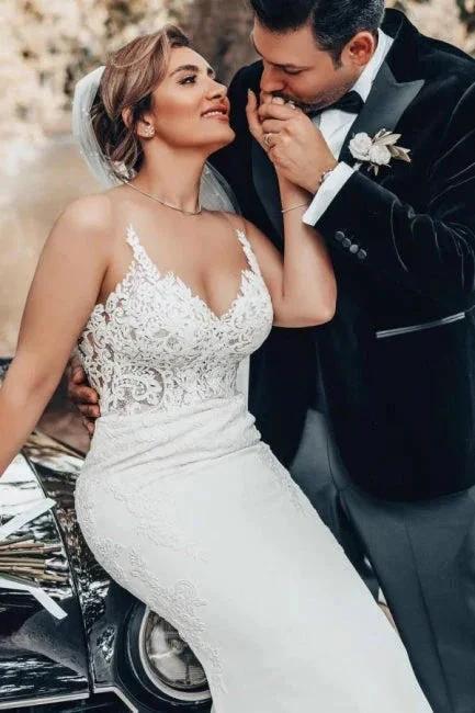 Mermaid Floor-Length Sweetheart Appliques Stain Spaghetti Straps Sleeveless Wedding Dresses with Lace (ZD15739) - VelvetHem