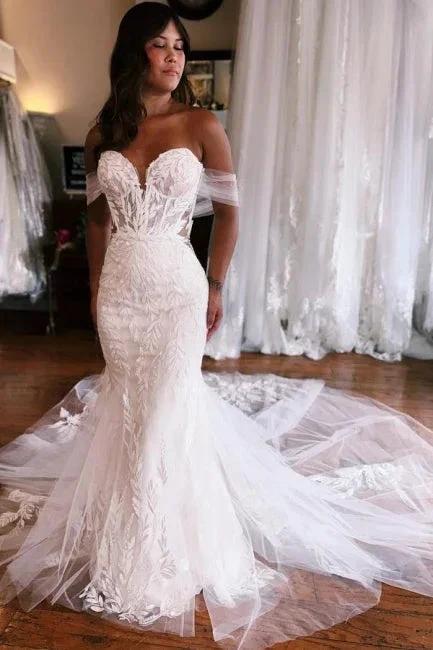 Mermaid Floor-Length Sweetheart Strapless Off-The-Shoulder Wedding Dresses with Appliques (ZD15749) - VelvetHem