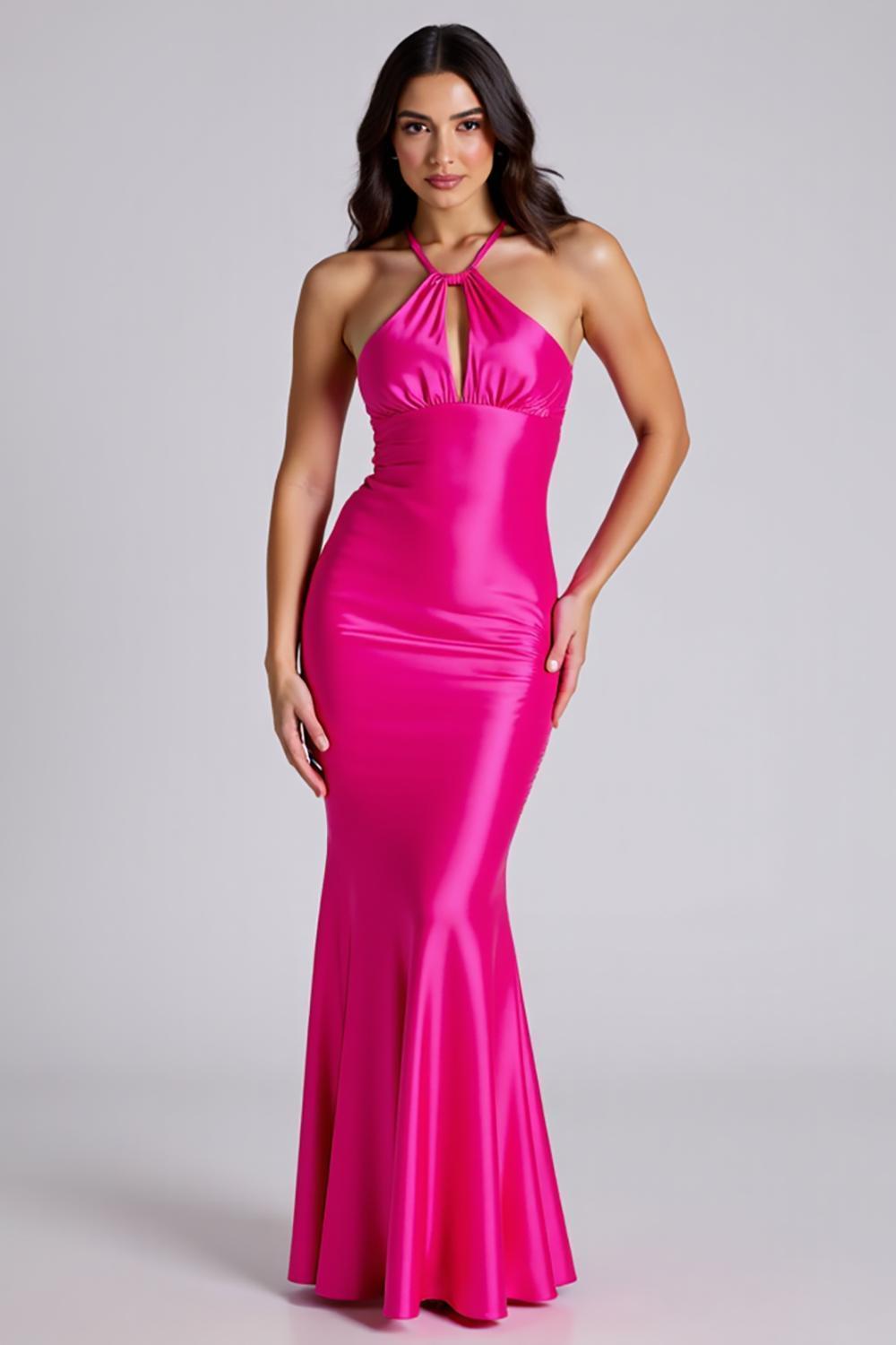 Mermaid Halter Fuchsia Wedding Guest Dress Satin Long Formal Dress