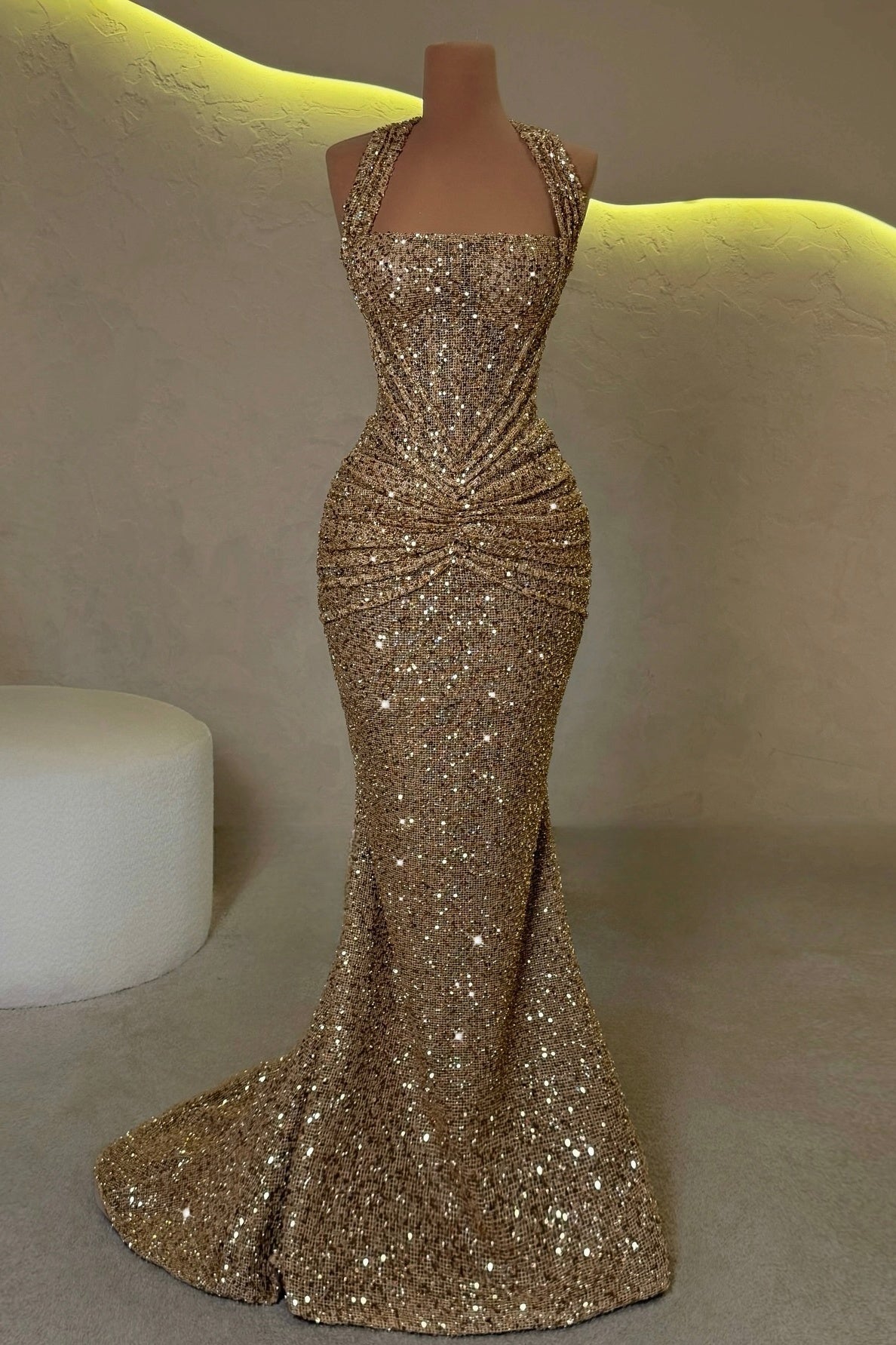 Suzhoufashion Mermaid Halter Neck Gold Sequined Long Prom Dress With Ruched Formal Evening Gown