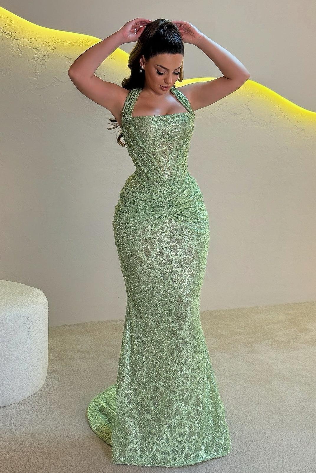 Suzhoufashion Mermaid Halter Neck Gold Sequined Long Prom Dress With Ruched Formal Evening Gown