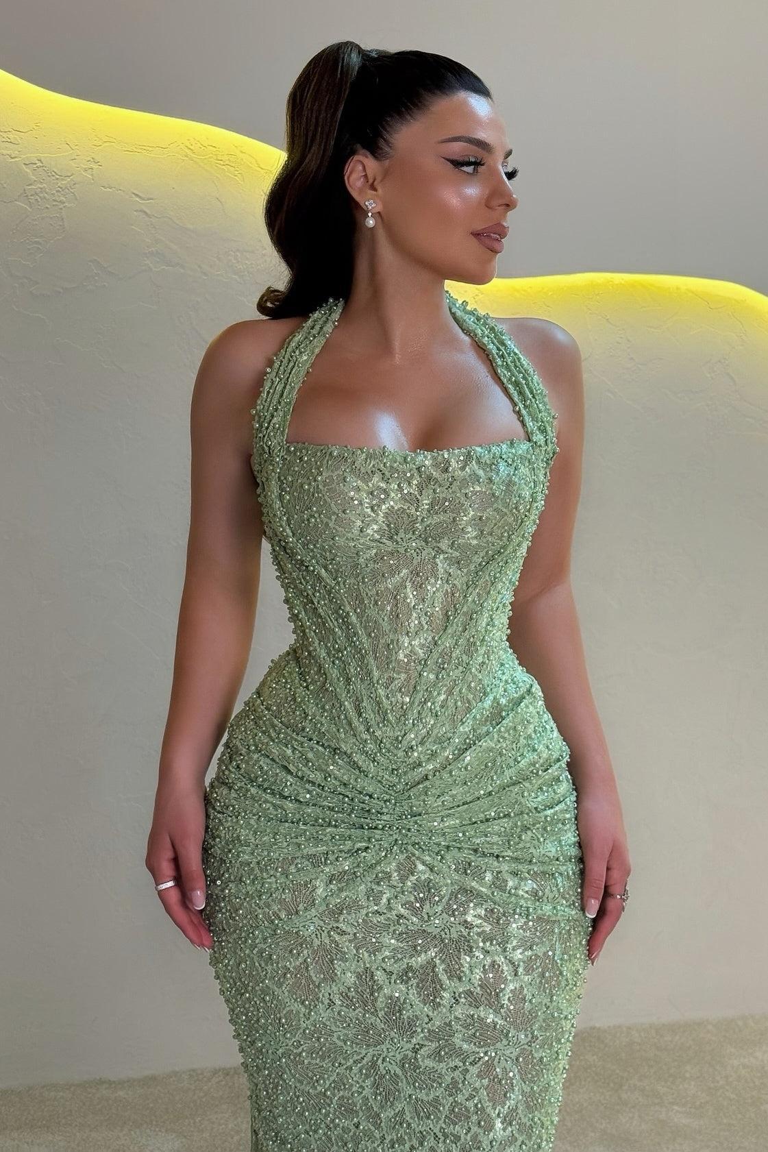Suzhoufashion Mermaid Halter Neck Gold Sequined Long Prom Dress With Ruched Formal Evening Gown