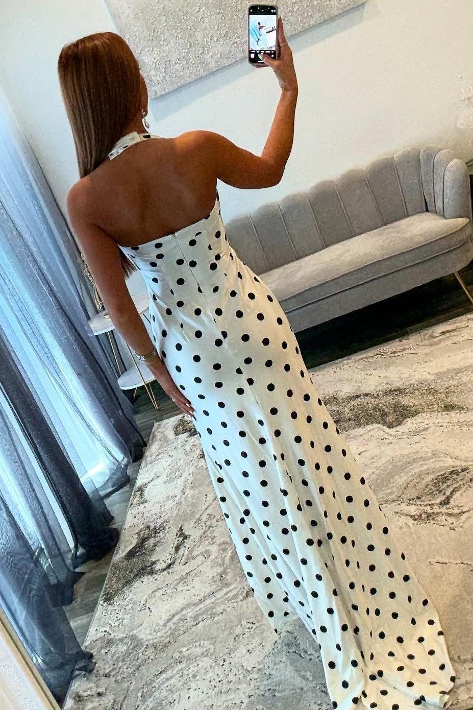 Mermaid Halter Neck White Polka Dots Long Prom Dress With Split Front Formal Evening Gown