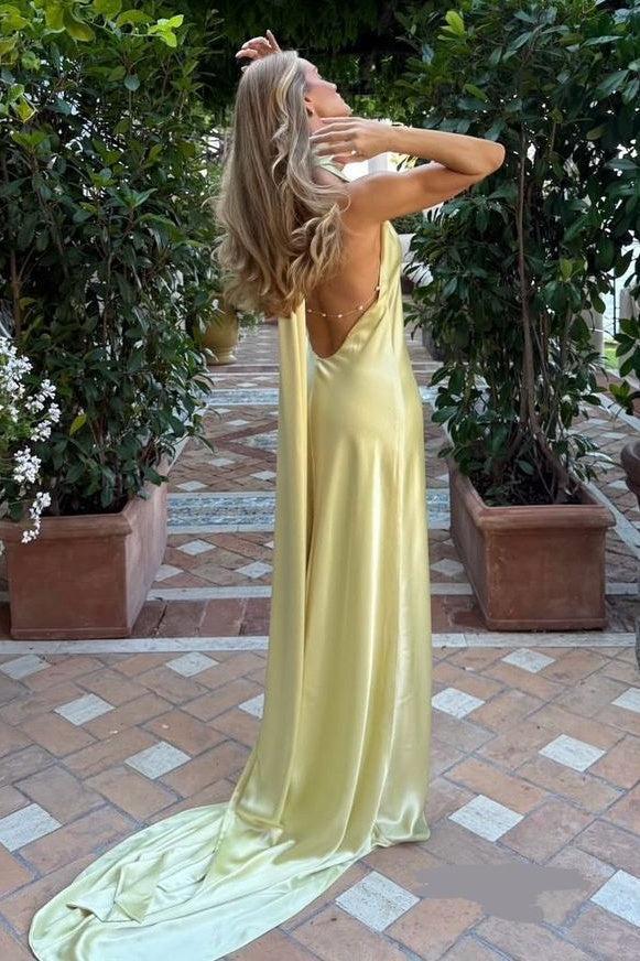 Suzhoufashion Mermaid Halter Neck Yellow Long Party Dress With Sweep Train Formal Evening Gown