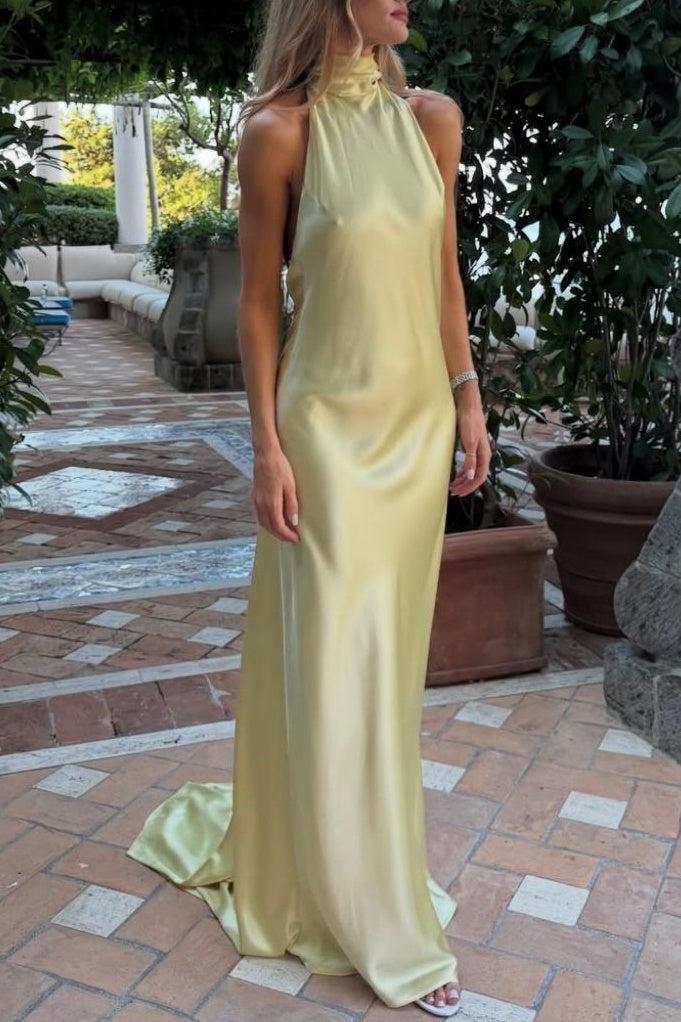 Suzhoufashion Mermaid Halter Neck Yellow Long Party Dress With Sweep Train Formal Evening Gown