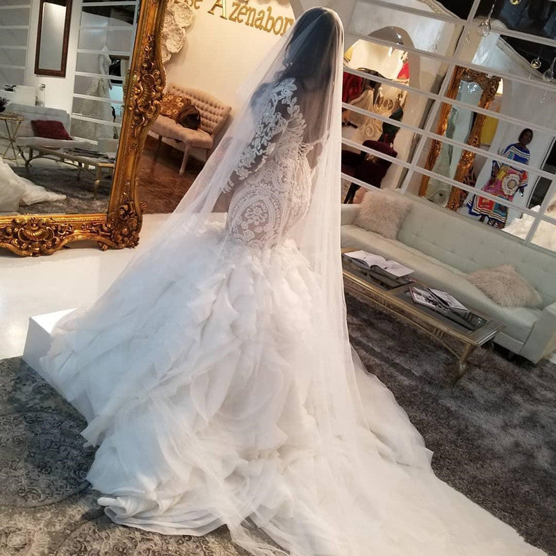 Mermaid Lace Appliques Tulle Wedding Dresses | Long Sleeves Delicate Bridal Gowns