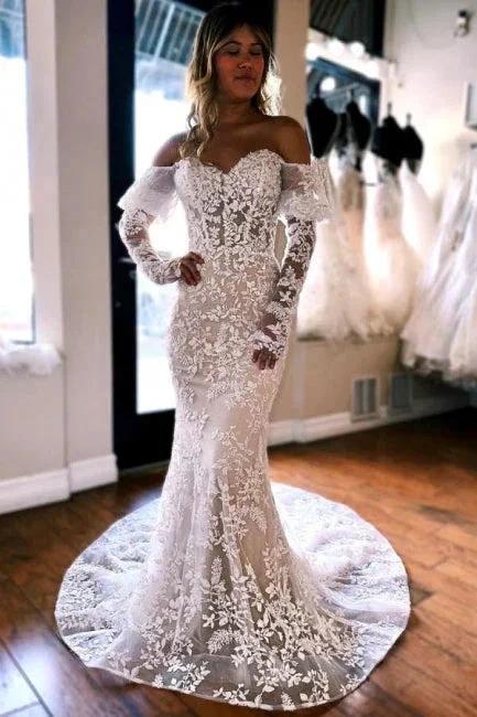 Mermaid Lace Long Sleeves Elegant Wedding Dress (ZD15710) - VelvetHem