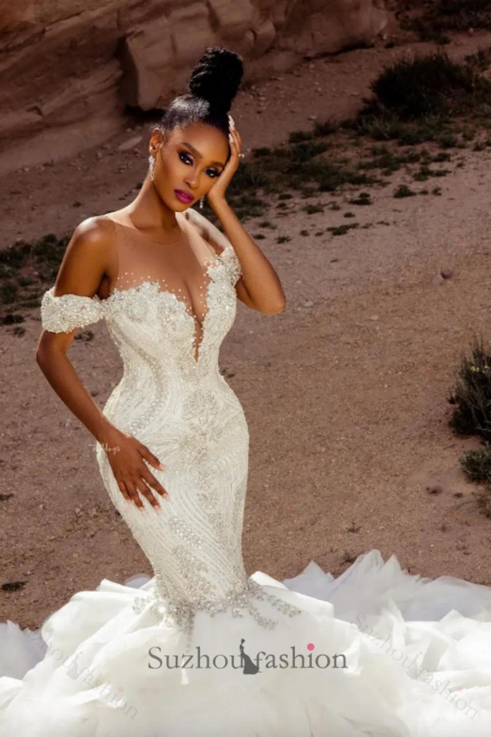Mermaid Lace Off The Shoulder Sleeveless White Beach Wedding Dress Bridal Gown With Beading