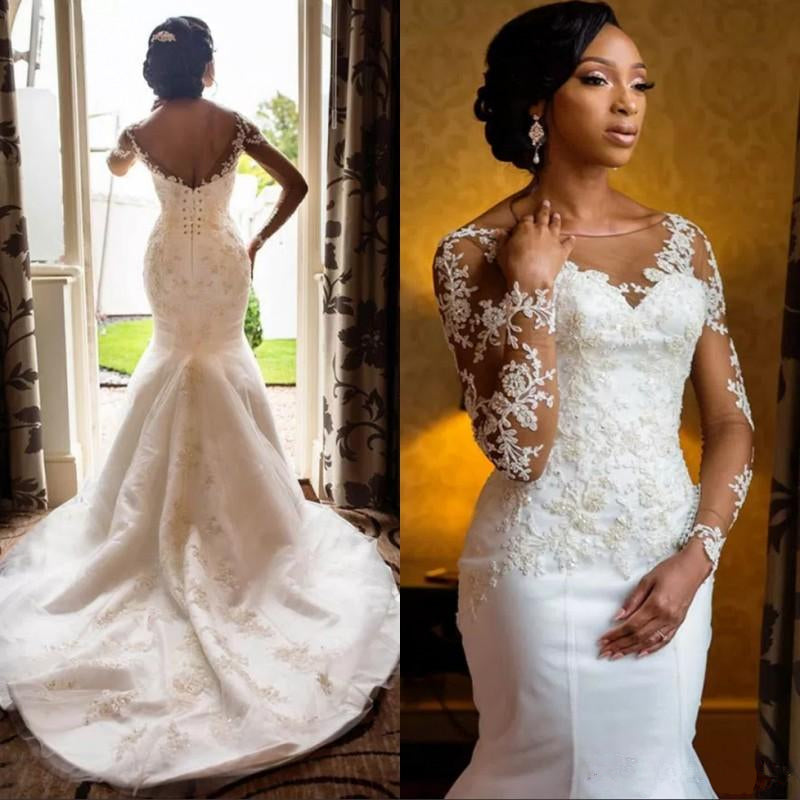 Mermaid Lace Wedding Dresses | Open Back Long Sleeve Sexy Wedding Dresses