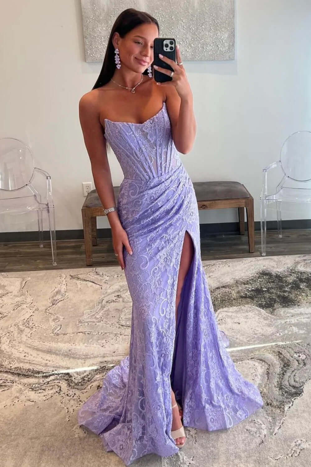 Mermaid Lilac Prom Dress Strapless Corset Formal Dress With Appliques