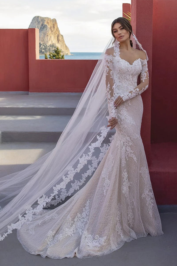 Mermaid Long Sleeve Off the Shoulder Beach Wedding Dress