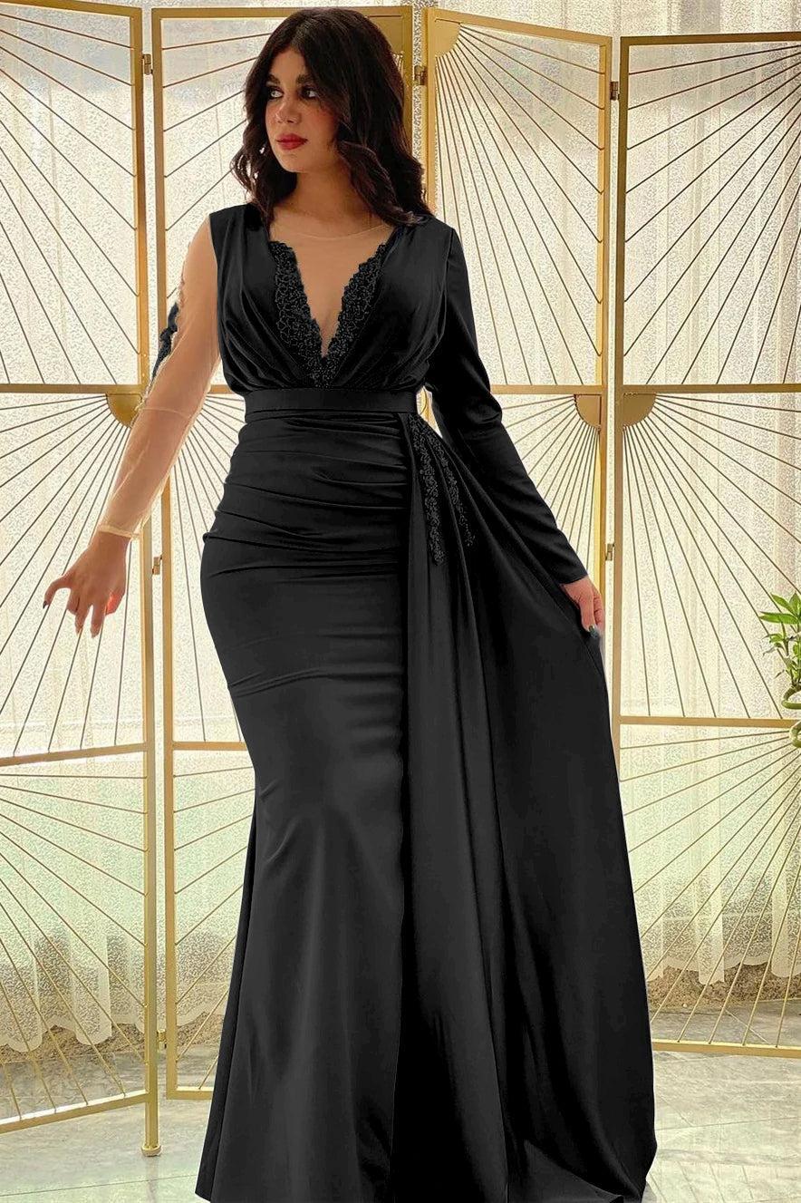 Mermaid Long Sleeve Prom Dress Beaded Pleated Evening Formal Dress Side Split With Ruffles