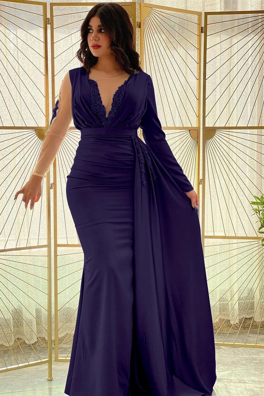 Mermaid Long Sleeve Prom Dress Beaded Pleated Evening Formal Dress Side Split With Ruffles