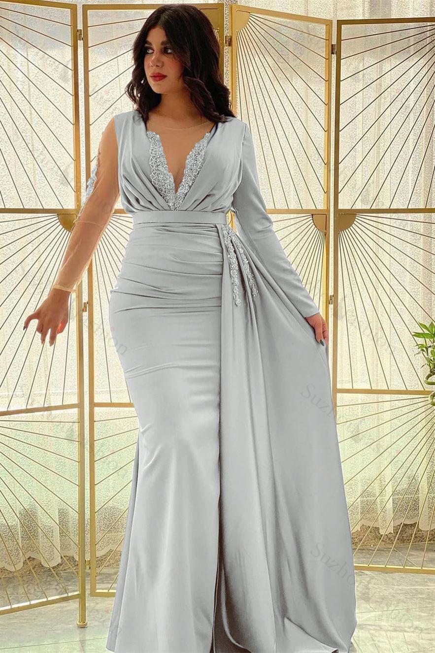 Mermaid Long Sleeve Prom Dress Beaded Pleated Evening Formal Dress Side Split With Ruffles