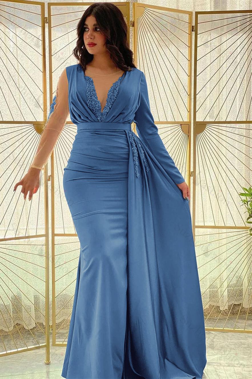 Mermaid Long Sleeve Prom Dress Beaded Pleated Evening Formal Dress Side Split With Ruffles