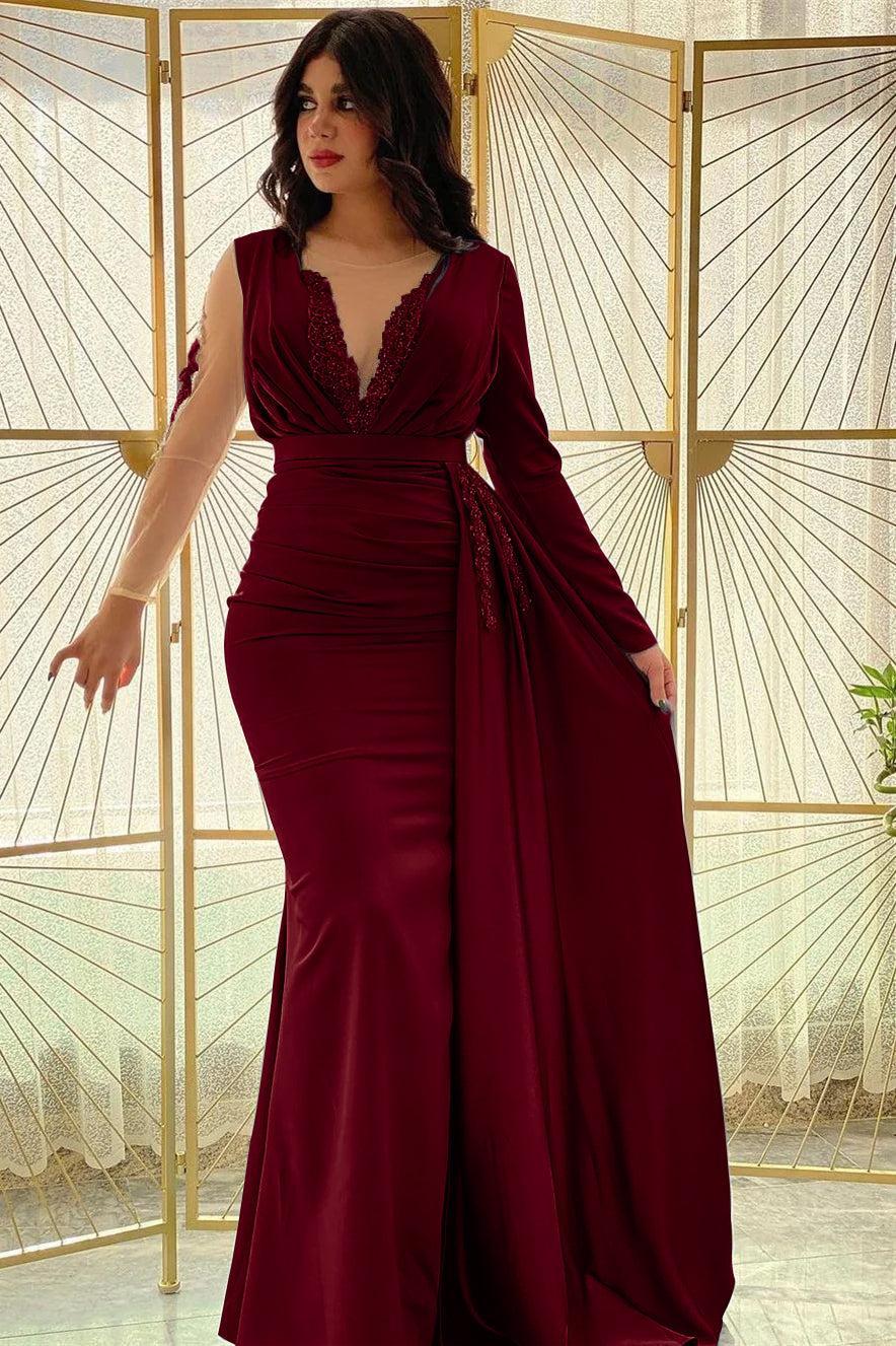 Mermaid Long Sleeve Prom Dress Beaded Pleated Evening Formal Dress Side Split With Ruffles