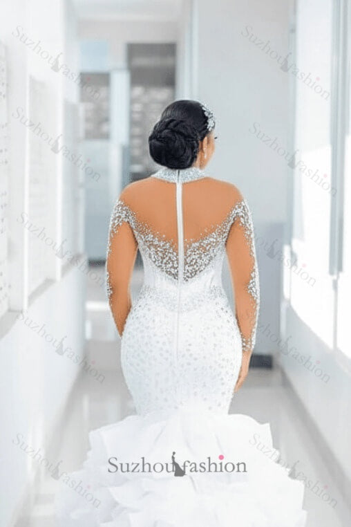 Mermaid Long Sleeve Wedding Dress Luxury Beaded Bridal Gown with Ruffled Skirt