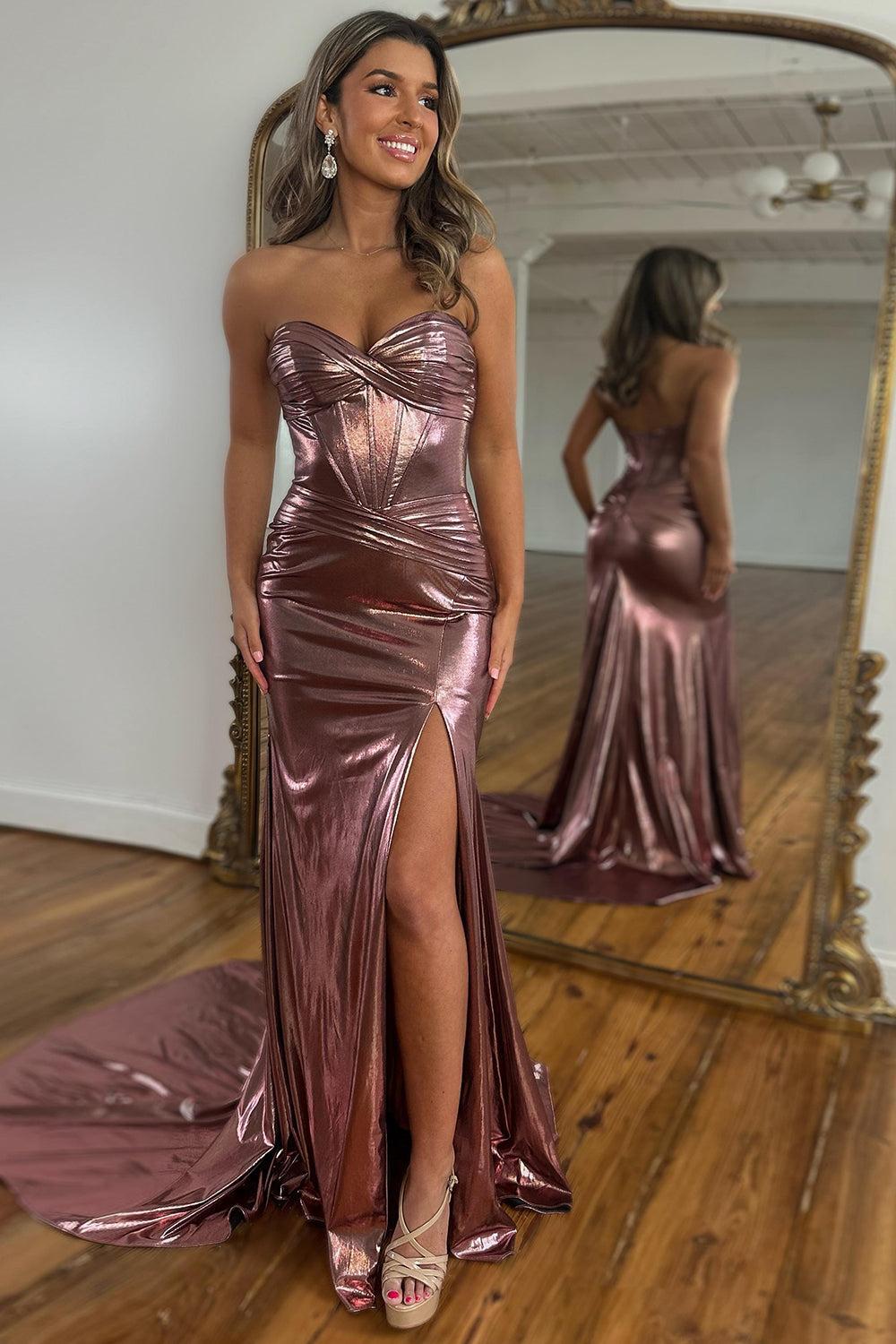 Mermaid Metallic Dark Purple Prom Dress Strapless Long Formal Dress With Slit