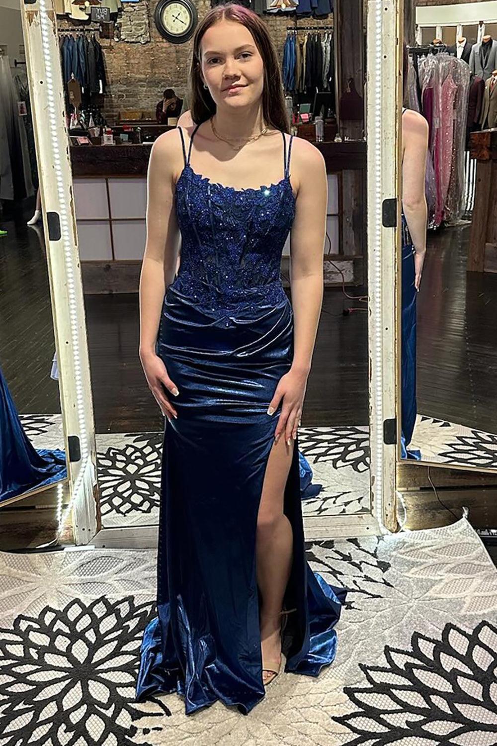 Mermaid Navy Prom Dress Corset Long Lace Formal Dress With Slit