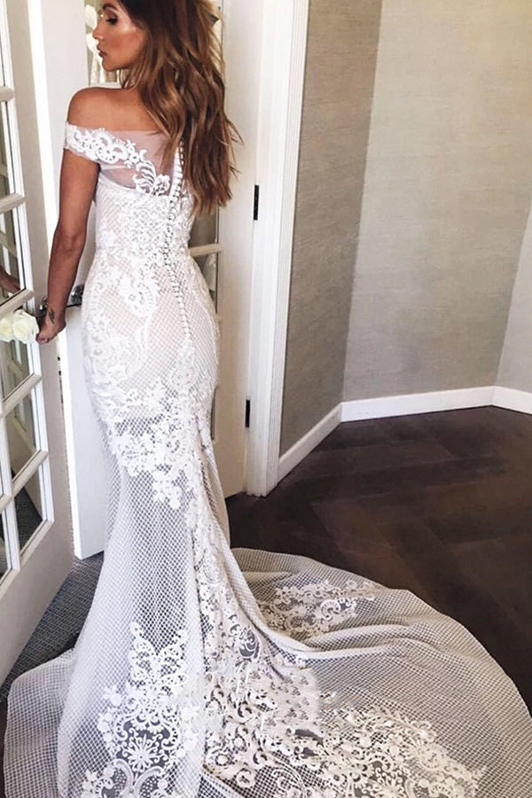Mermaid Off The Shoulder Appliques Sweep Train Wedding Dress
