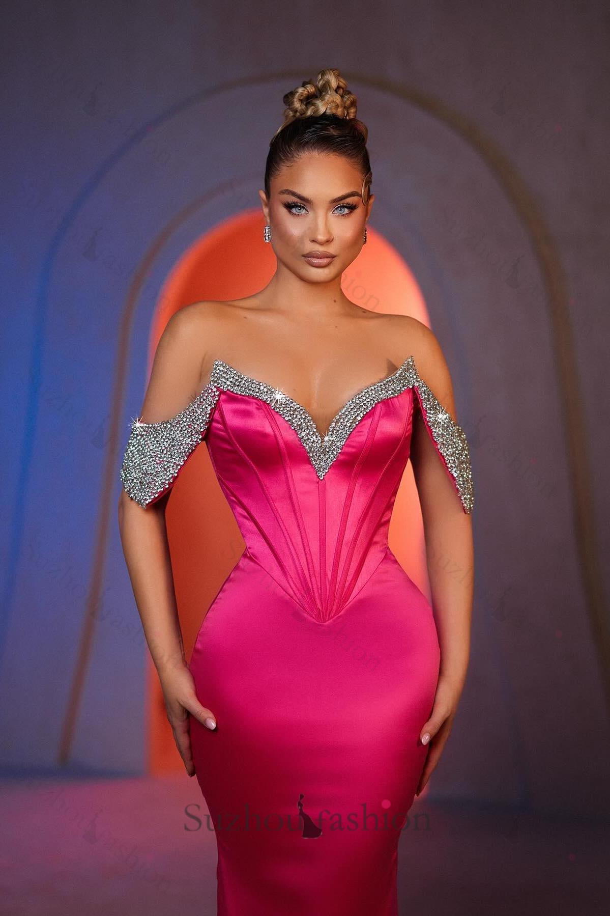 Mermaid Off The Shoulder Sleeveless Rhinestone Satin Formal Dress
