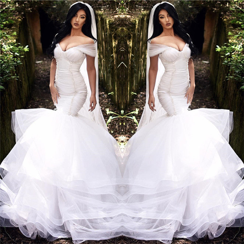 Mermaid Off The Shoulder Wedding Dresses | Tiered Tulle Sexy Beads Bride Dresses