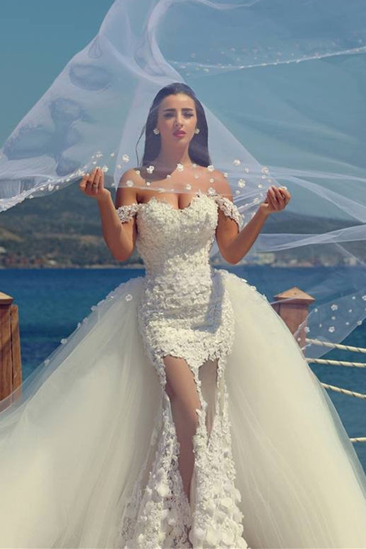 Mermaid Off the Shoulder Lace Beach Wedding Dress New Arrival Detachable Train Summer Bridal Gown MH060