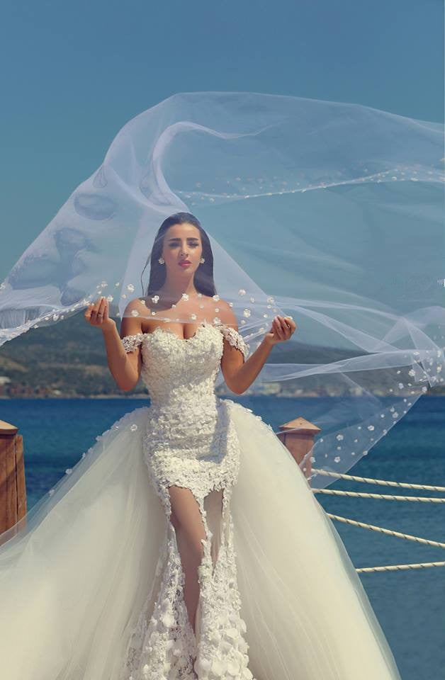 Mermaid Off the Shoulder Lace Beach Wedding Dress New Arrival Detachable Train Summer Bridal Gown MH060