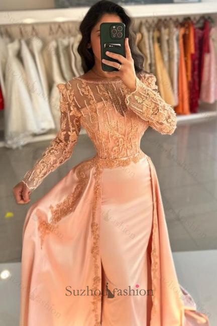 Mermaid Orange Crew Sleeves Lace Floor Length Detachable Panel Train Satin Formal Dress