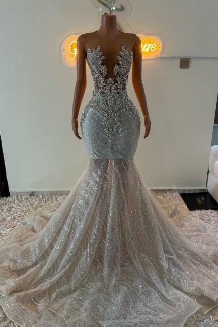 Mermaid Prom Dress Beaded Sleeveless Sweep Train Tulle Formal Dress