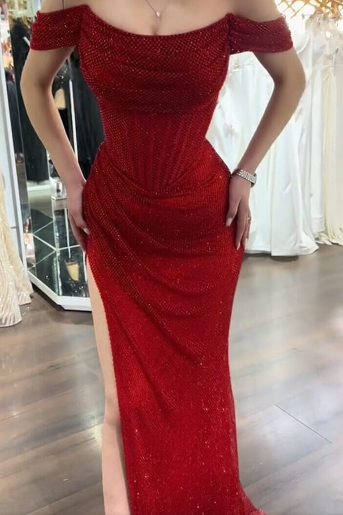 Sequined Off the Shoulder Sleeveless Long Evening Formal Dress With Split