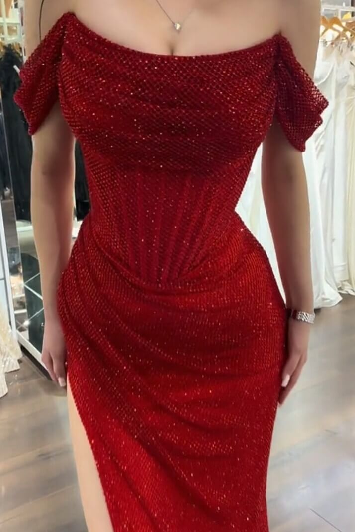 Sequined Off the Shoulder Sleeveless Long Evening Formal Dress With Split