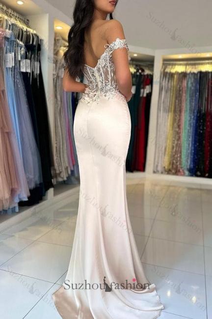 Mermaid Prom Dress Lace Off The Shoulder Sleeveless Formal Dress With Slit