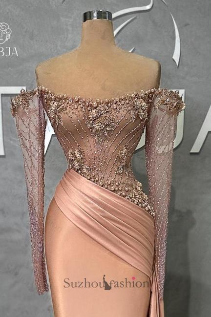 Mermaid Prom Dress Off The Shoulder Satin Beaded Formal Dress With Sleeves