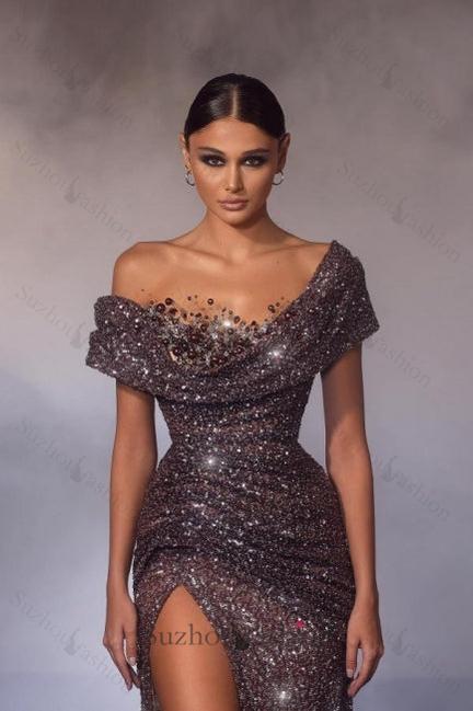 Mermaid Prom Dress Off The Shoulder Sequined Beading Formal Dress With Slit