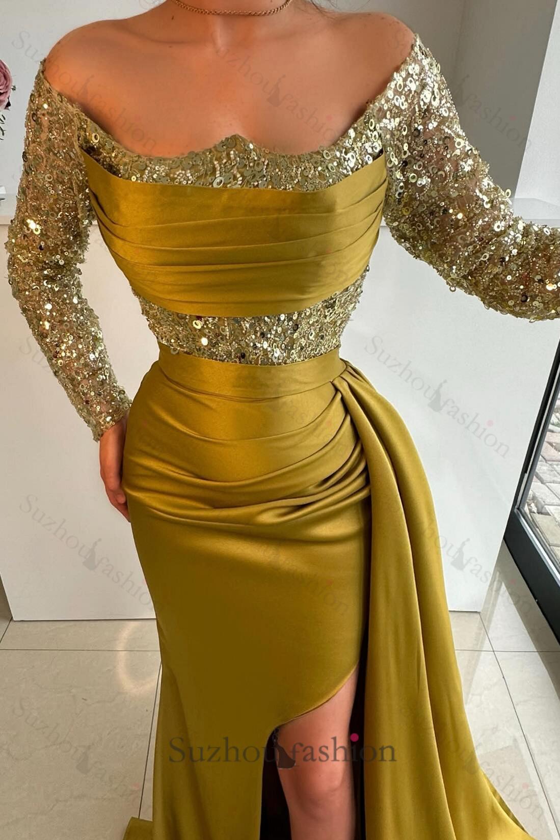 Mermaid Prom Dress Off The Shoulder Sequined Panel Train Satin Formal Dress