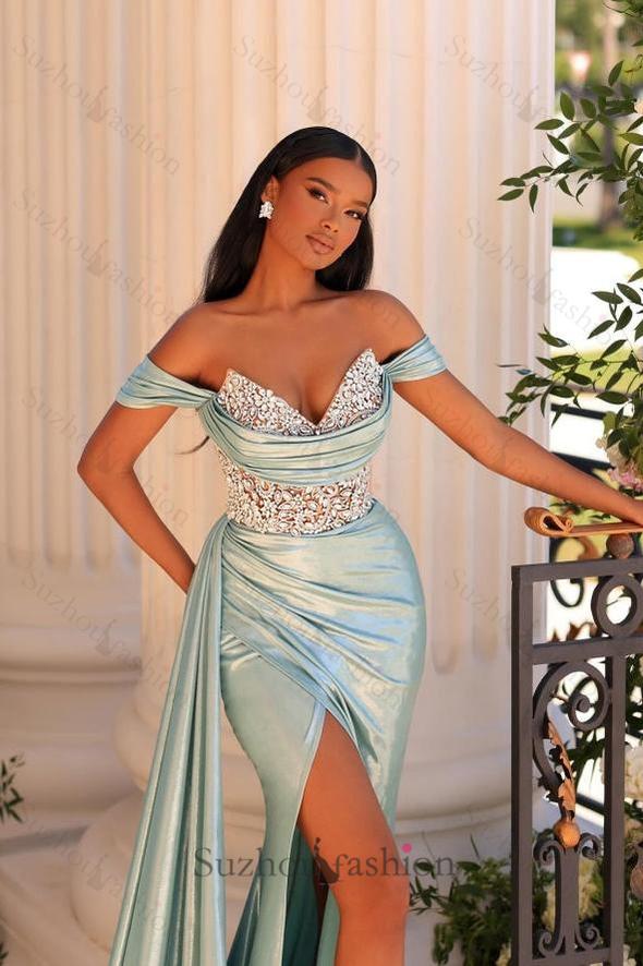 Mermaid Prom Dress Off The Shoulder V Neck Lace Rhinestones Formal Dress With Slit
