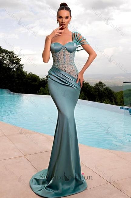 Mermaid Prom Dress One Shoulder Beading Satin Sleeveless Formal Dress