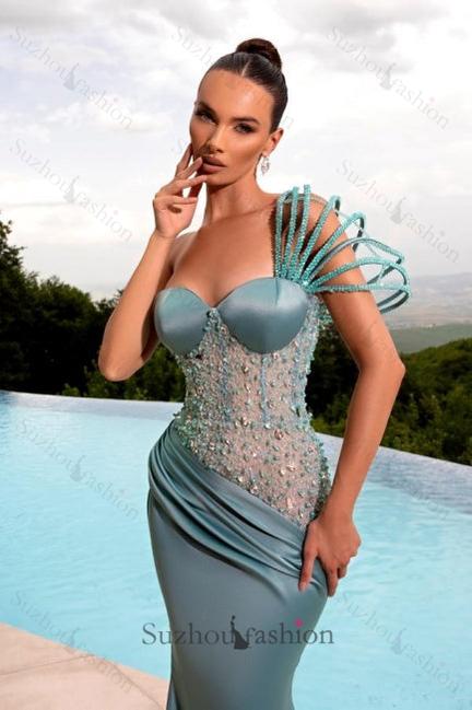 Mermaid Prom Dress One Shoulder Beading Satin Sleeveless Formal Dress