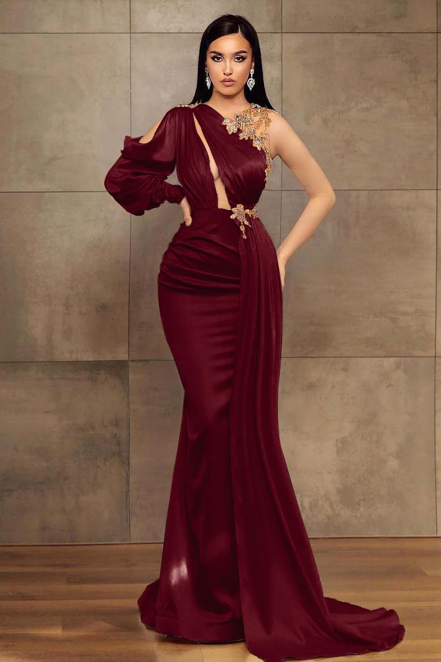 Mermaid Prom Dress One Shoulder Long Sleeve Pleated Long Evening Formal Dress With Beadings